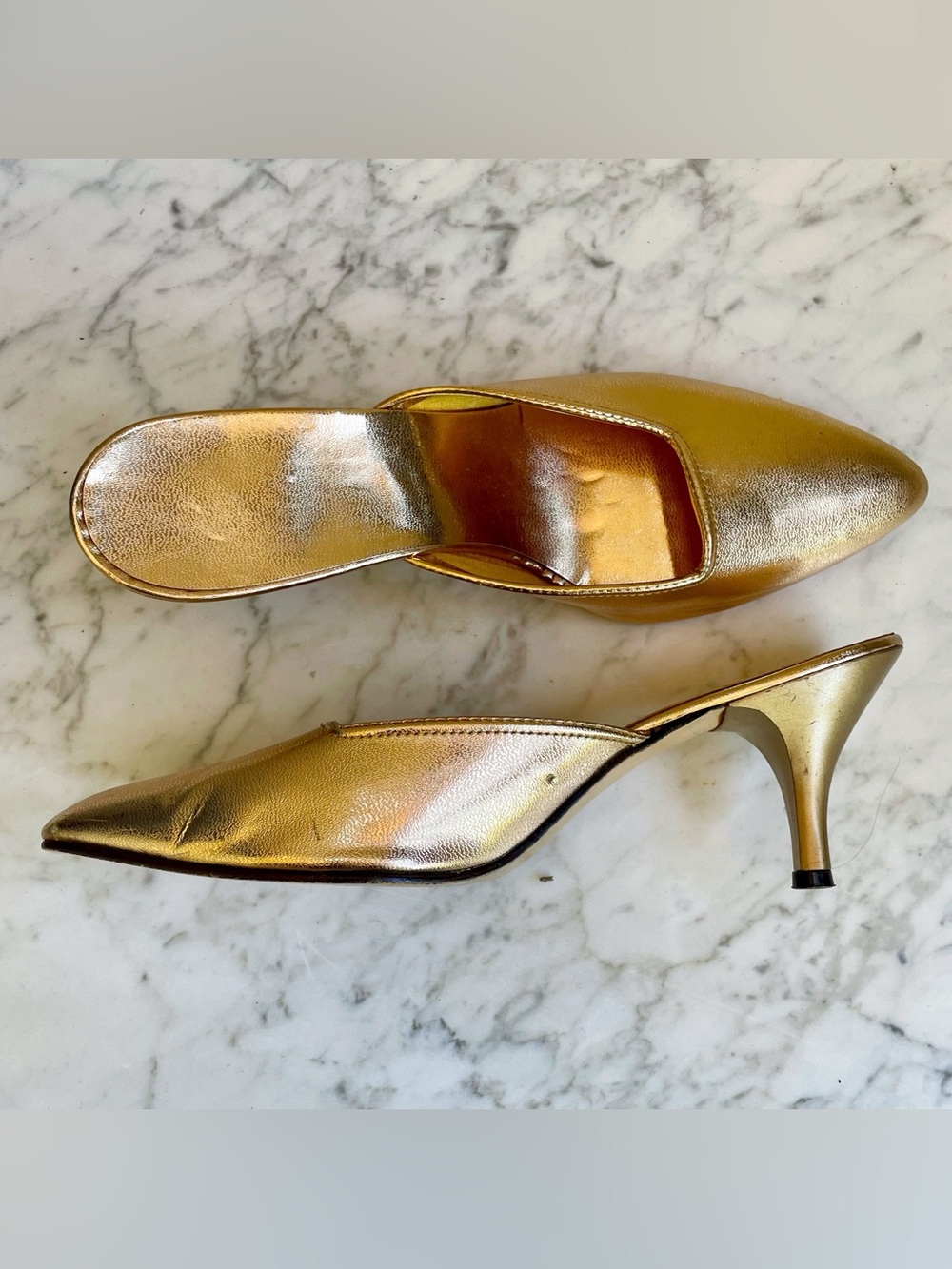 Vintage Gold Metallic Pointed To Kitten Heel Mules